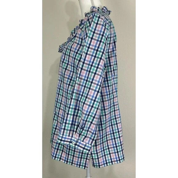 Talbots Petite No Iron Multi Color Ruffle-Neck Popover Gingham Tunic Size 16P - Picture 8 of 13